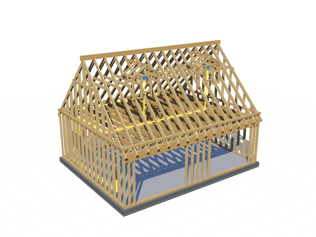 Diagram at the rough-in stage: open framing with gold electrical runs leading from a panel to boxes and lights