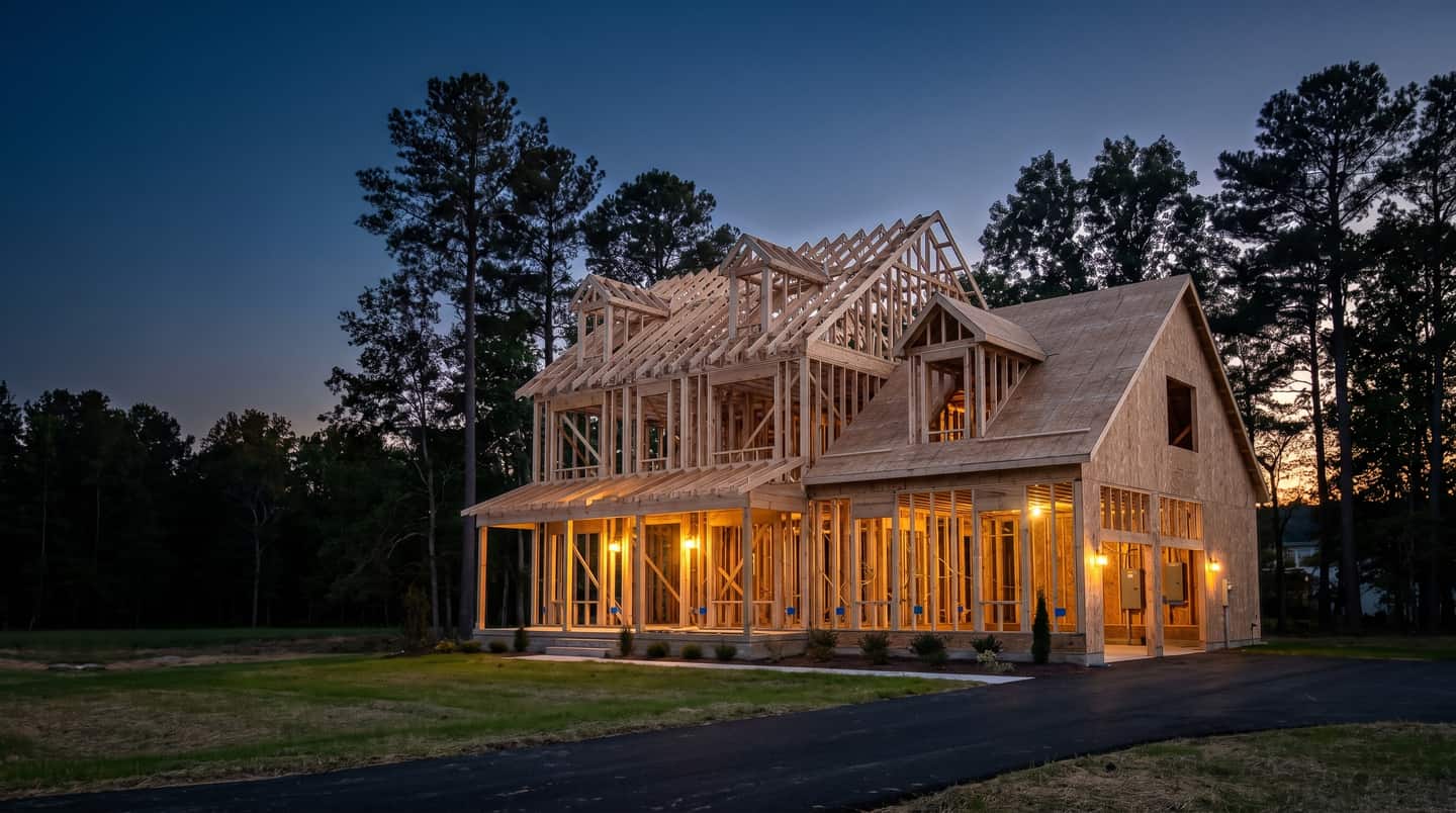 The same house at the framing stage: open stud walls and roof trusses lit from inside by work lights, with blue device boxes along the walls