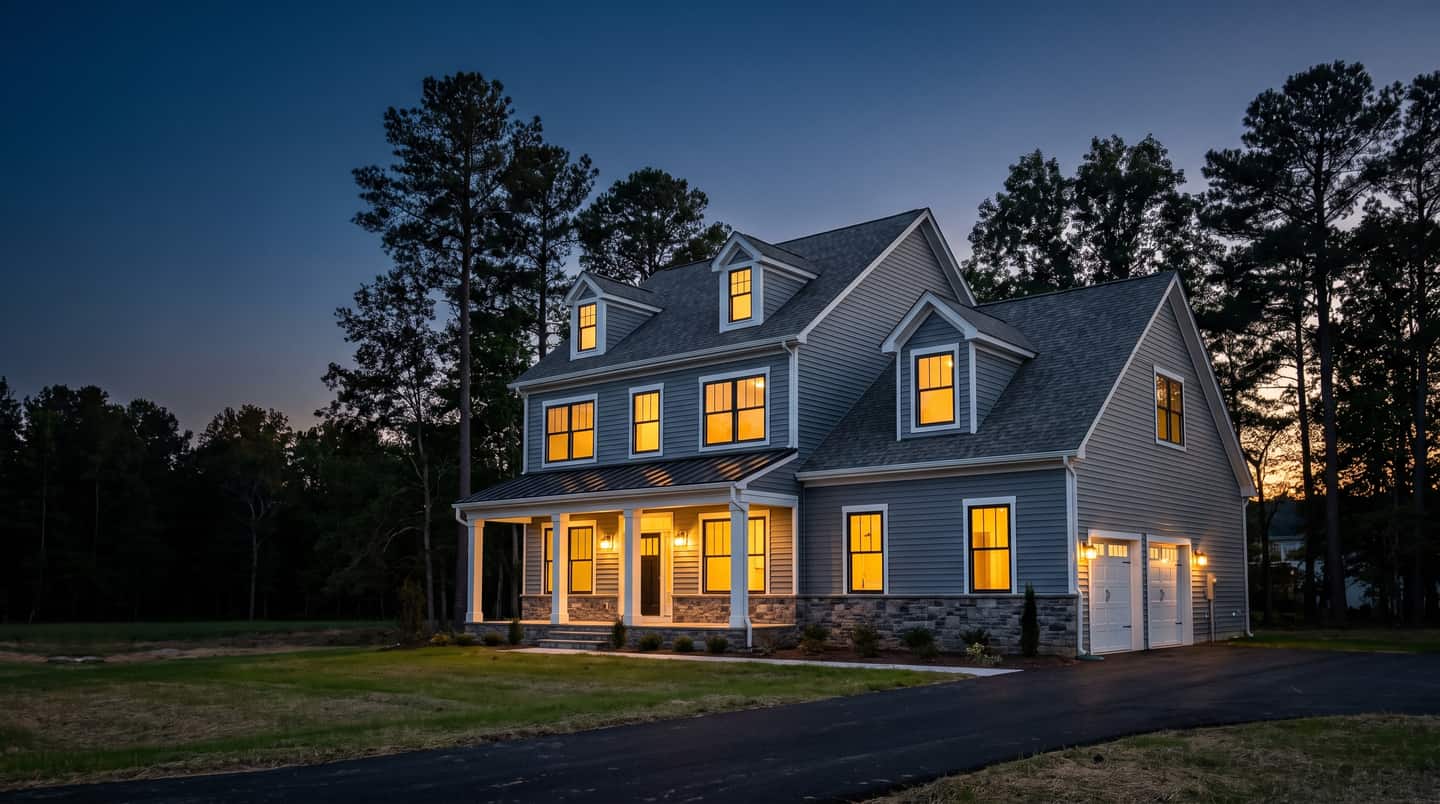 A two-story gray farmhouse with a front porch and a two-bay garage at dusk, every window lit gold, tall pines behind it