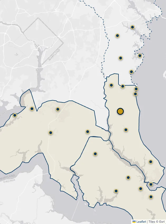 Map of Southern Maryland with a marker on Huntingtown and markers on the 22 other towns listed beside it. Tiles copyright Esri.